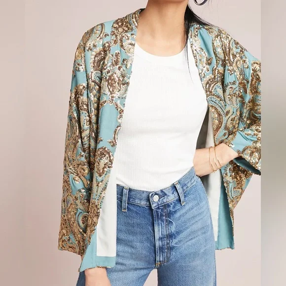 Anthropologie Glittering Gold Sequined Kimono - Picture 1 of 10